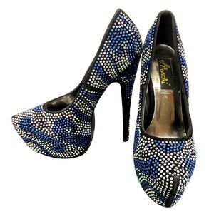 Sparkling Blue Rhinestone Stiletto Platform High Heels Women Shoes Size 7 Machi‎